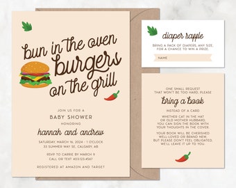 Burger Baby Shower Invitation with Diaper Raffle, Bring A Book, Brown — DIY or PRINTED