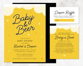 Beer Baby Shower Invitation with Diaper Raffle, Bring A Book, Yellow, Black — DIY or PRINTED