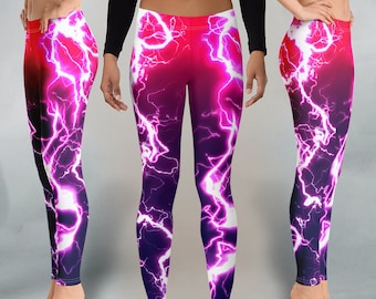Lightning Storm Cosplay Leggings, Womens Workout Pants Tights Bottoms Energy Energized Electrified Shock Outfit Rave Colorful Vibrant Vivid