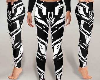 Futuristic Leggings, Black White Tribal Techwear Cyberpunk Festival Cybergoth Rave Pants Workout Tights Athletic Running Outfit Athleisure