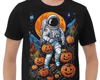 Camiseta de Halloween de astronauta, camiseta de calabaza cósmica, camiseta con estampado de Jack-O-Lantern, estética espeluznante