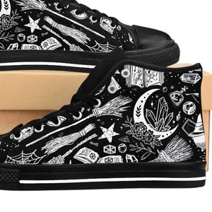 Womens Witchy Shoes, Celestial Black White Boho Goth Witchcraft Sneakers, Wicca Wiccan Pagan Occult Witch Footwear, Edgy Gothic Mystic Magic