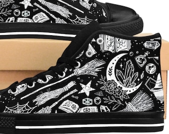 May include: Black high-top canvas shoes with a white print of various witchy symbols, including a crescent moon, stars, broomsticks, crystals, and a cauldron.