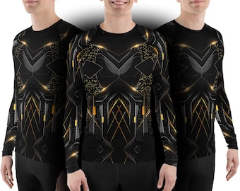 May include: Three long-sleeved shirts with a black and gold geometric pattern. The pattern features a series of lines and shapes that create a modern and stylish look.