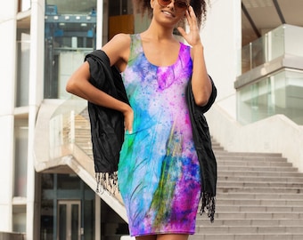 Paint Splatter Feather Artist Dress, Bodycon Painter Outfit, Colorful Boho Hippie Festival Clothing, EDM Rave Cute Grunge Top Purple Blue