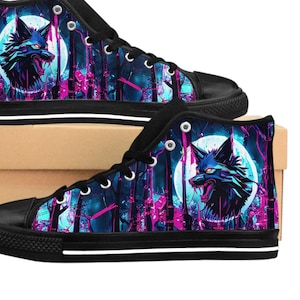 May include: Black high-top canvas shoes with a graphic print of a blue wolf howling at the moon in a forest setting. The wolf is surrounded by a pink and blue glow.