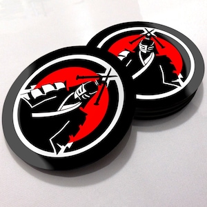Japanese Warrior Samurai Coasters Glossy Round Cork Back Bushi Shogun Daimyo, Shrine Altar Discs Dojo Decor Bushido Gift Martial Arts Anime