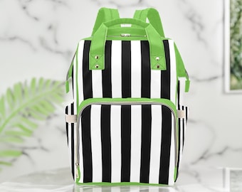 Goth Diaper Bag Backpack Insulated Travel Bottle Cooler Alt Black Green Striped Gothic Baby Shower Gift Ideas Moms Dads New Parents Newborn