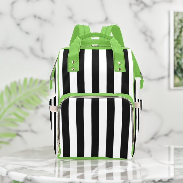 Goth Diaper Bag Backpack Insulated Travel Bottle Cooler Alt Black Green Striped Gothic Baby Shower Gift Ideas Moms Dads New Parents Newborn