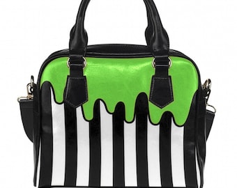 Bolso gótico con rayas blancas y negras que gotean limo verde, bolso para góticos alternativos, bolso de hombro de cuero sintético con estilo vanguardista.