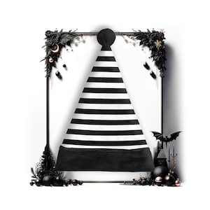 May include: A black and white striped party hat with a black brim and a black ball on top. The hat is framed by a decorative border with black floral accents, ornaments, and a bat silhouette.
