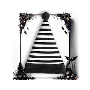 Goth Santa Hat, Black White Striped Christmas Cap, Edgy Gothic Holiday Apparel, Unisex Alt Seasonal Wear