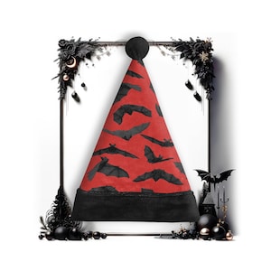 Goth Santa Hat Gothic Christmas Cap Red Black Bats Alt Holiday Headwear Dark Creepy Witchy Wiccan Pagan Wicca Krampus Vampire Xmas Hexmas