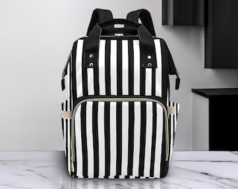 Goth Striped Diaper Bag Backpack, Insulated Bottle Cooler Pack for Gothic Mom, Black White Aesthetic, Nightmare, Christmas Baby Shower Gift