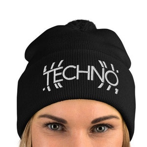 Techno Beanie, Men Streetwear, Rave Vaporwave Cyberpunk Glitch Skull Cap, Edm Festival Dj Outfit, Tech House, Black White Edgy Futuristic