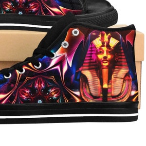 Pharaoh Shoes, King Tut Rave Sneakers Festival Sacred Geometry Hi-Tops EDM Egyptian Gods Tutankhamen Trippy Fractal Psychedelic Anubis Horus image 1