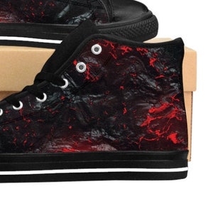 Mens Goth Shoes Gothic Vampire Costume Sneakers, Smoldering Molten Lava Burning Embers Halloween Cosplay Dark Evil Demonic Creepy Horror