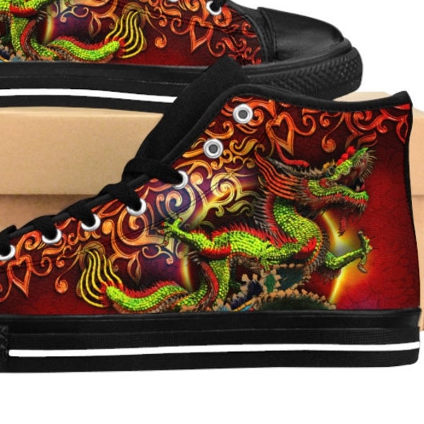 Geisha Japanese Dragon Print Men's High Top Shoes
