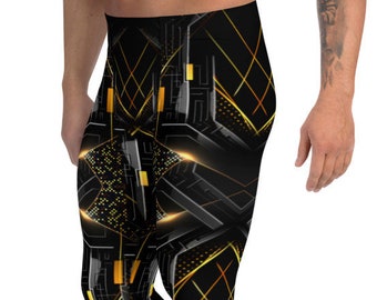 May include: Black and gold leggings with a geometric pattern. The leggings have a modern, abstract design.