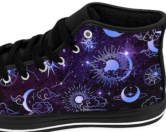 Womens Celestial Shoes Sun Moon High Tops Galaxy Stars Astrology Sneakers Wicca Witchcraft Gothic Witchy Hippie Bohemian Boho Wear Sorceress