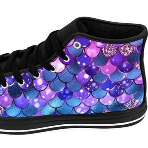 Womens Mermaid Scales Shoes Colorful Sneakers Atlantis Footwear Cute Kawaii Magical Outfit Fantasy High Tops Vibrant Rave Festival Gifts