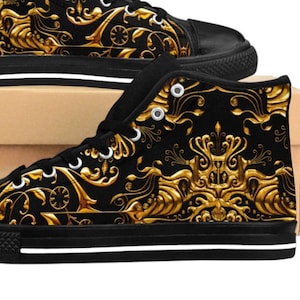 Mens Shoes Fashionable Sneakers Black Gold Ornamental Canvas High Tops Luxury Stylish Asian Royal Flourish Steampunk Classy Art Deco Outfit