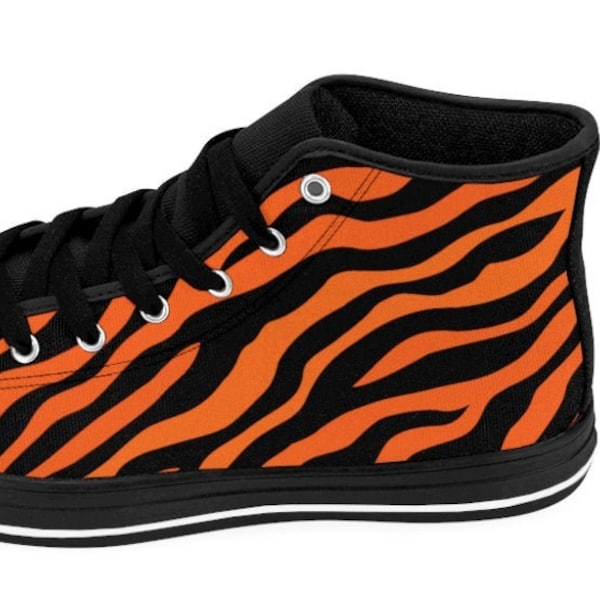 Womens Tiger Stripe Sneakers Safari High Top Shoes Jungle Footwear Cute Gift Ideas Animal Print Cat Lovers Black and Orange Retro Streetwear