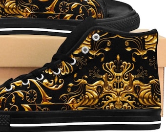 Mens Shoes, Designer Fashion Sneakers, Black and Gold Luxury High Tops