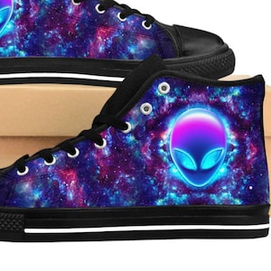 Mens Alien Shoes Galaxy High Tops Space Sneakers Nebula Stars Colorful Trippy Universe Psychedelic Rave Edm Vibrant Moon Ufo Martian Sci-fi