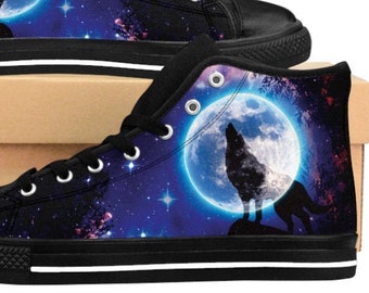 Mens Wolf Howling Full Moon Sneakers Hightop Wolves Shoes