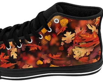 Womens Autumn Fall Leaves Shoes High Tops Sneakers Hippie Bohemian Boho Red Orange Yellow Brown Camouflage Leaf Footwear Thanksgiving Season