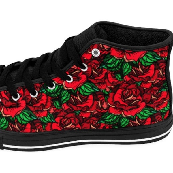 Womens Rose Shoes Rockabilly Aesthetic Sneakers, Psychobilly Footwear High Tops Floral Flowers Gardening Rosebush Punk Ska Greaser