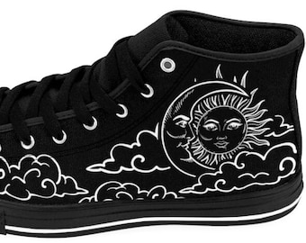Womens Sun Moon Shoes Witchy High Tops Sneakers Hippie Celestial Astrology Wicca Witchcraft Gothic Bohemian Boho Black White Wiccan Magick