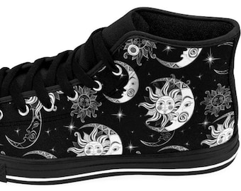 May include: Black high-top canvas shoes with a white celestial pattern of moons and suns on a black background.