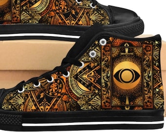 Mens Sacred Geometry High-top Tarot Sneakers, Black Copper Gold Shoes All Seeing Eye Spiritual Symbols Footwear Ornate Mystical Pattern Boho