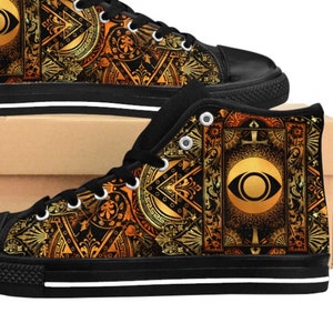 Mens Sacred Geometry High-top Tarot Sneakers, Black Copper Gold Shoes All Seeing Eye Spiritual Symbols Footwear Ornate Mystical Pattern Boho
