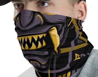 Samurai Mempo Oni Face Mask Neck Gaiter, Ninja Anime Cosplay Bandanna Armor Balaclava Demon Warrior Devil Costume Fukumen Zukin Ronin Daimyo