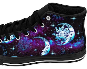 Womens Sun and Moon Shoes High Top Sneakers Celestial Stars Astrology Wicca Witchcraft Gothic Hippie Bohemian Boho Galaxy Sorceress Clothing