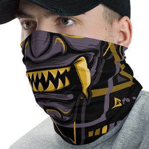 Samurai Mempo Oni Face Mask Neck Gaiter, Ninja Anime Cosplay Bandanna Armor Balaclava Demon Warrior Devil Costume Fukumen Zukin Ronin Daimyo