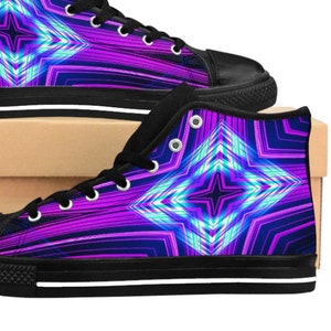 May include: A pair of high-top sneakers with a black canvas upper and a white sole. The sneakers feature a colorful geometric design with shades of purple, blue, and white.