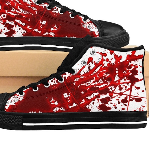 Blood Splattered Shoes, Mens Bloody Stained Halloween Costume Sneakers, Soaked Dripping, Horror Terror Gothic Goth Vampire Canvas High Tops