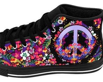 Hippie Flower Power Peace Sign Canvas High Top Sneaker Hippie Flower Power Peace Sign Canvas High Top Sneaker