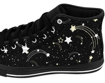 May include: Black high-top canvas sneakers with a white star and shooting star pattern.