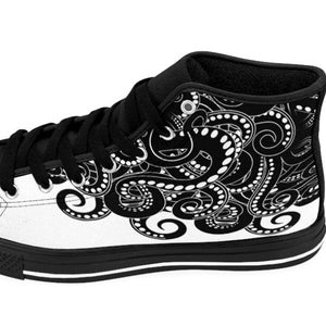 Mens Squid Shoes Octopus Tentacle Sneakers Trippy Sea Monster Kraken Rave High Tops Alt Edgy Goth Pirate Black White Clothing Outfit