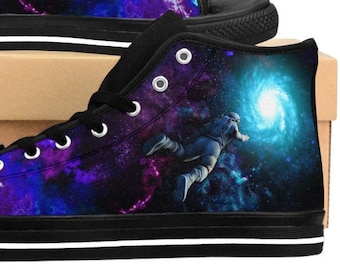 Mens Galaxy Shoes, High Tops Canvas Sneakers Footwear Space Cadet Universe Stars Astronomy Astronaut Nebula Rave EDM Techno Epic Gift Ideas