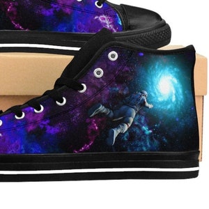 Mens Galaxy Shoes, High Tops Canvas Sneakers Footwear Space Cadet Universe Stars Astronomy Astronaut Nebula Rave EDM Techno Epic Gift Ideas