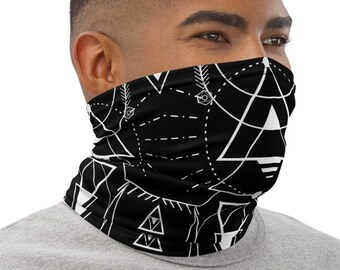 May include: A black face mask with a white geometric pattern. The pattern includes triangles, circles, and lines.