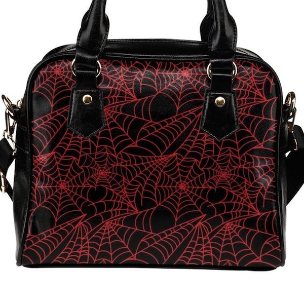 Gothic Handbag Purse Shoulder Bag Spiderweb Red Black Dark Creepy Macabre Fashion Alt Edgy Witchy Vampire Accessories Strap Leather Handle