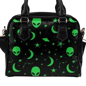 Alien Handbag Purse Shoulder Bag Cute Scifi Martian Invasion Cosmic Green Black Stars Moon Ufo Abduction Abducted Removable Strap Leather