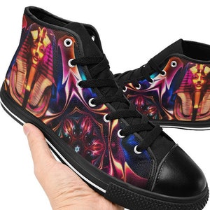 Pharaoh Shoes, King Tut Rave Sneakers Festival Sacred Geometry Hi-Tops EDM Egyptian Gods Tutankhamen Trippy Fractal Psychedelic Anubis Horus image 2